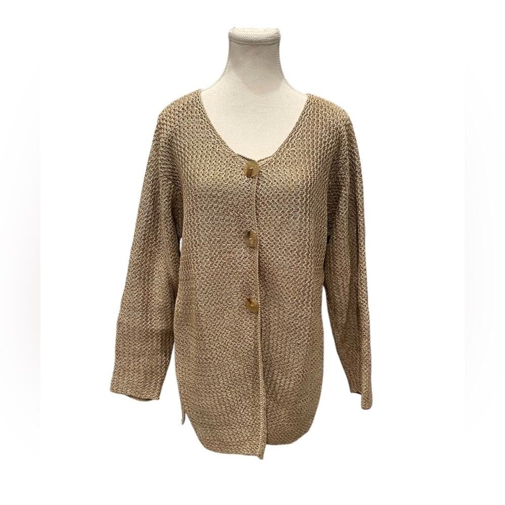 Peruvian Connection M Cardigan Beige Knit Button Front Long Sleeve Sweater